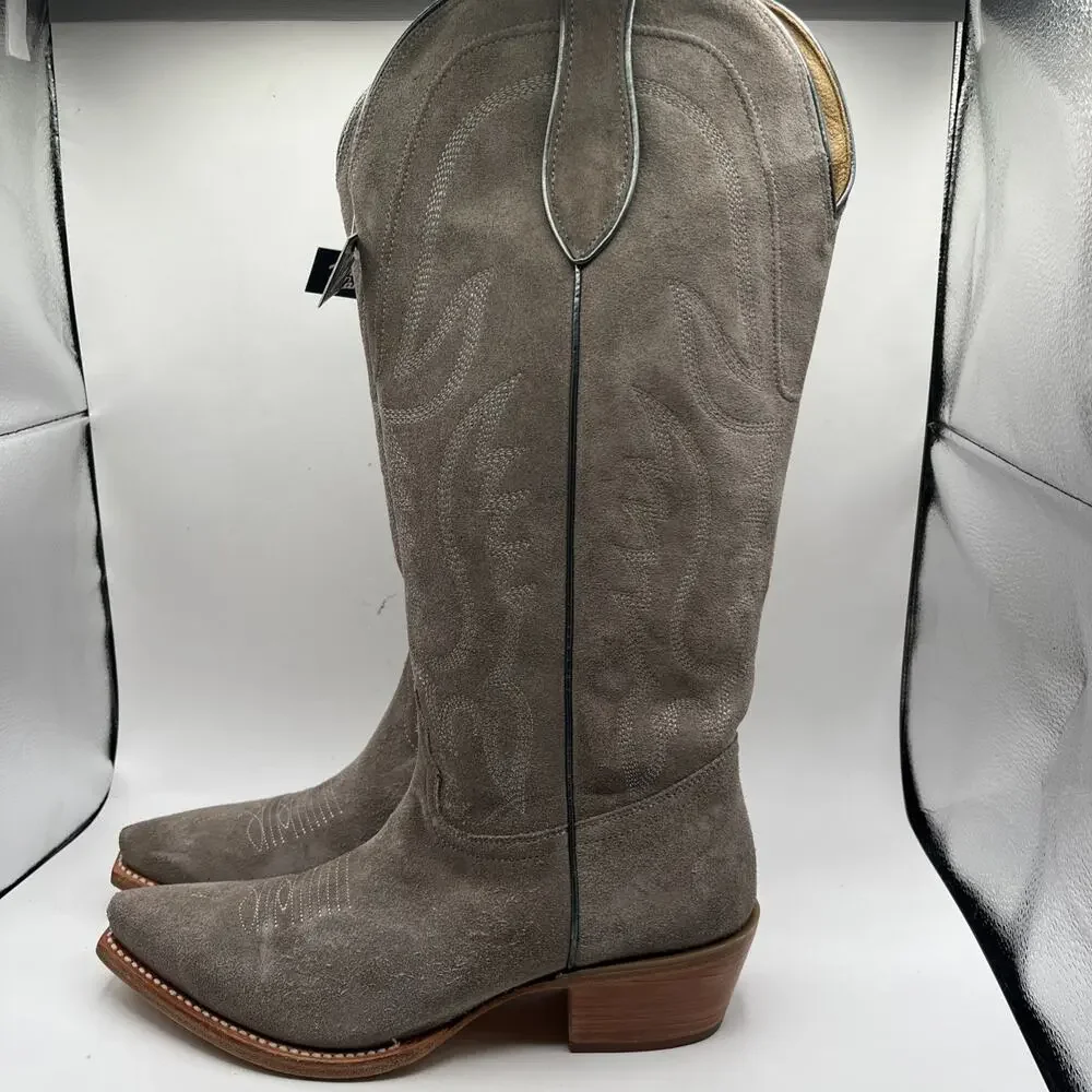 Tony Lama Ash Gray Suede Leather Western Boots women's Sz 9 B Narrow square toe